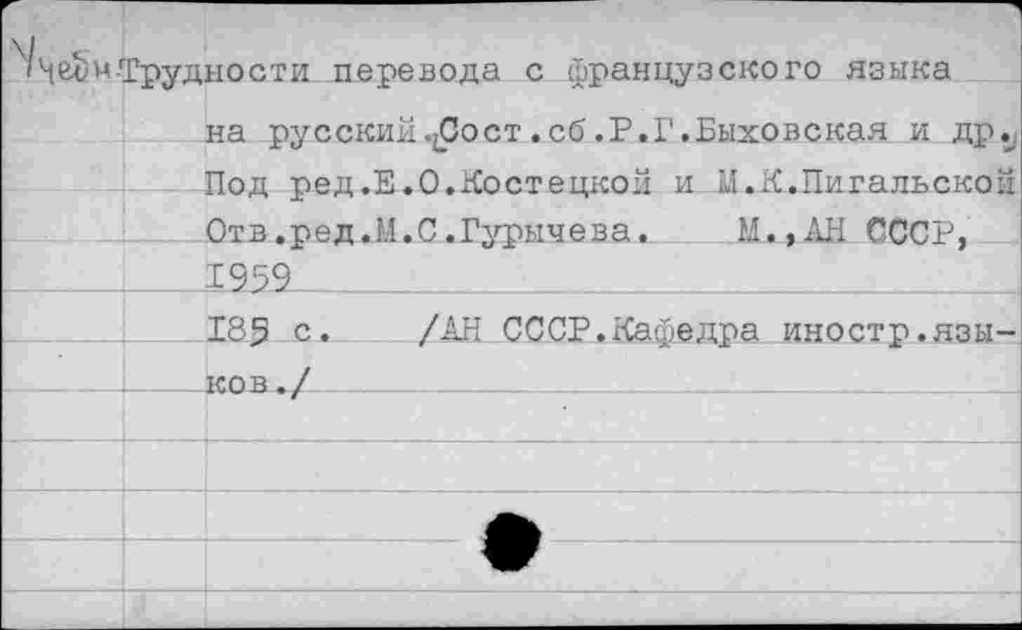 ﻿Нейи.Трудности перевода с французского языка на русский^Сост.сб.Р.Г.Быховская и др. Под ред.Е.О.Костецкой и И.К.Пигальской Отв.ред.М.С.Гурычева.	М.,АН СССР,
1959
185 с. /АН СССР.Кафедра иностр.язы-